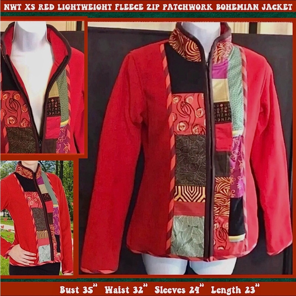 NWT XS RED LIGHTWEIGHT FLEECE ZIP JACKET BOHEMIAN PATCHWORK APPLIQUE~HOLIDAYS